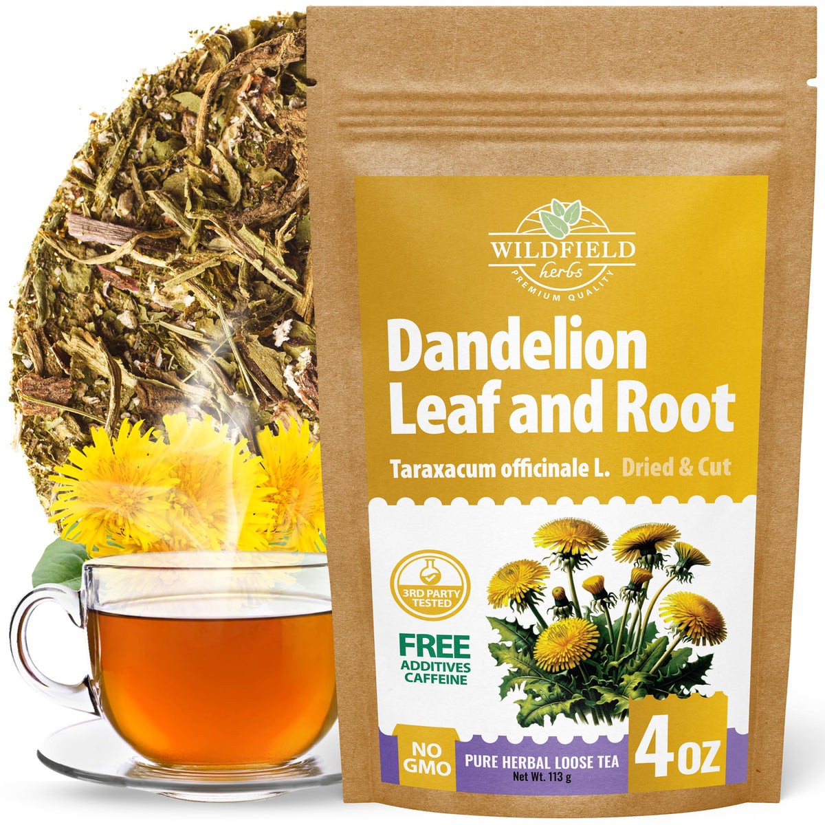 Wildfield Herbs dandelion leaf and root tea box shows fresh packaging and aroma