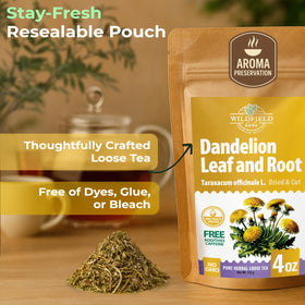 Wildfield Herbs dandelion tea brewed in a cup for a comforting sip