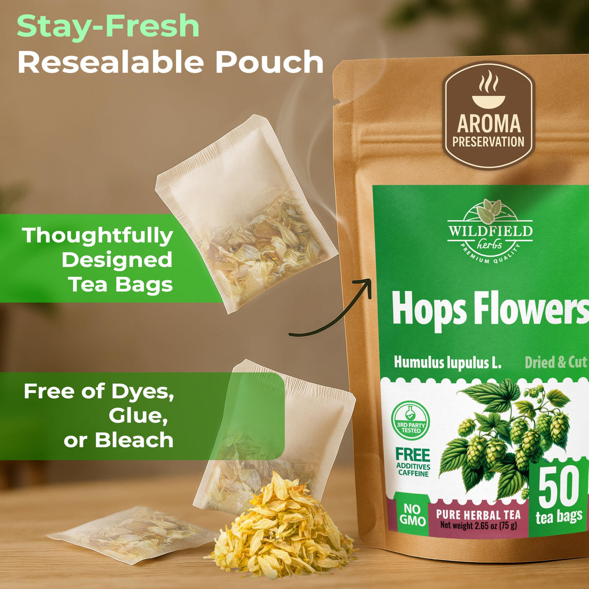 Whole hops bag from Wildfield Herbs showcasing Lupulus flowers for brewing.