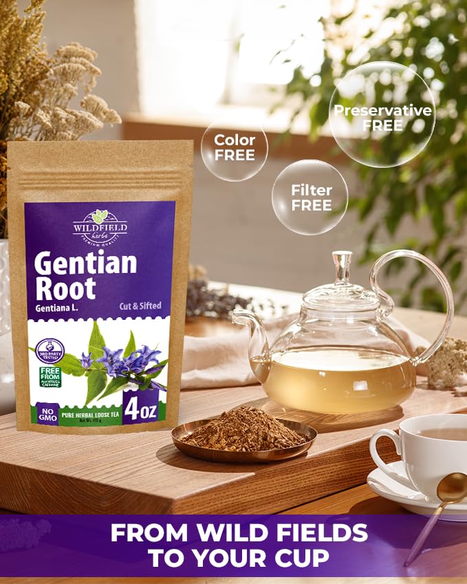 Wildfield Herbs Gentian Root brewed tea captures warm aroma in a glass.