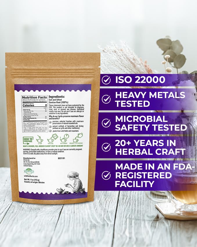 Wildfield Herbs Gentian Root packaging image emphasizes hermetic sealing for freshness.