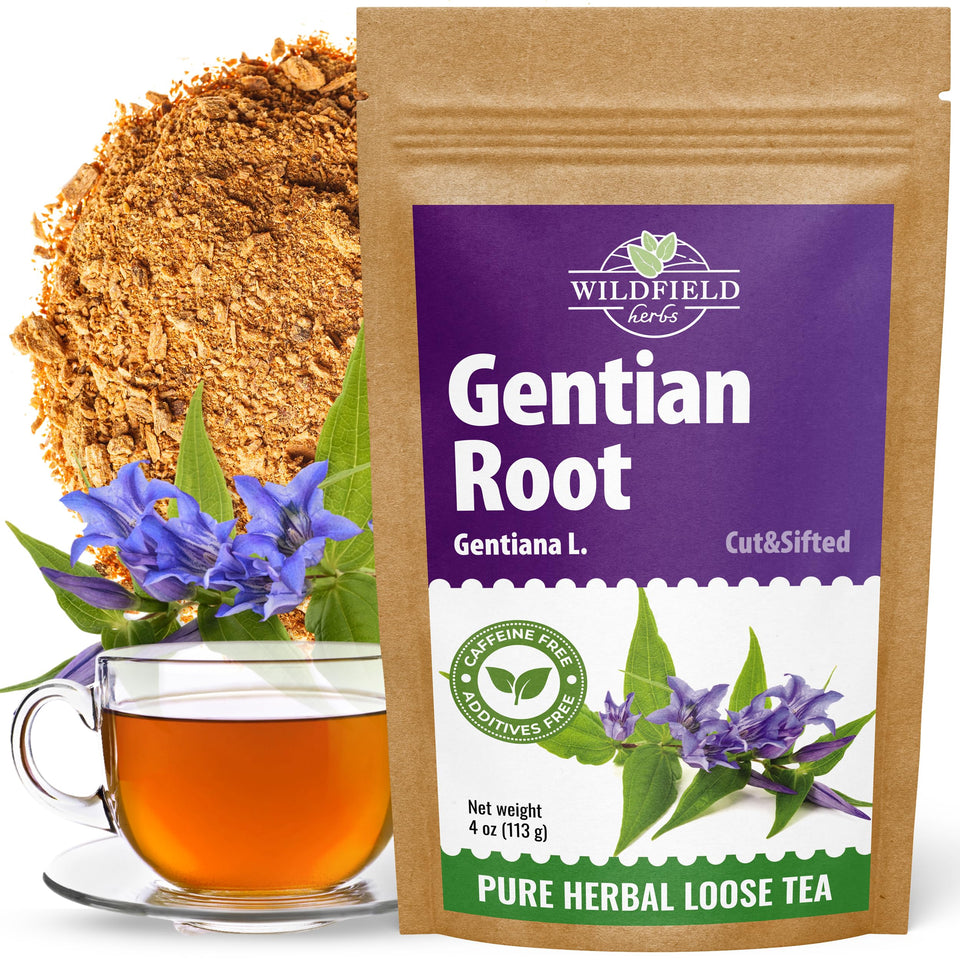 Wildfield Herbs Gentian Root tea box highlights premium packaging for freshness and aroma.
