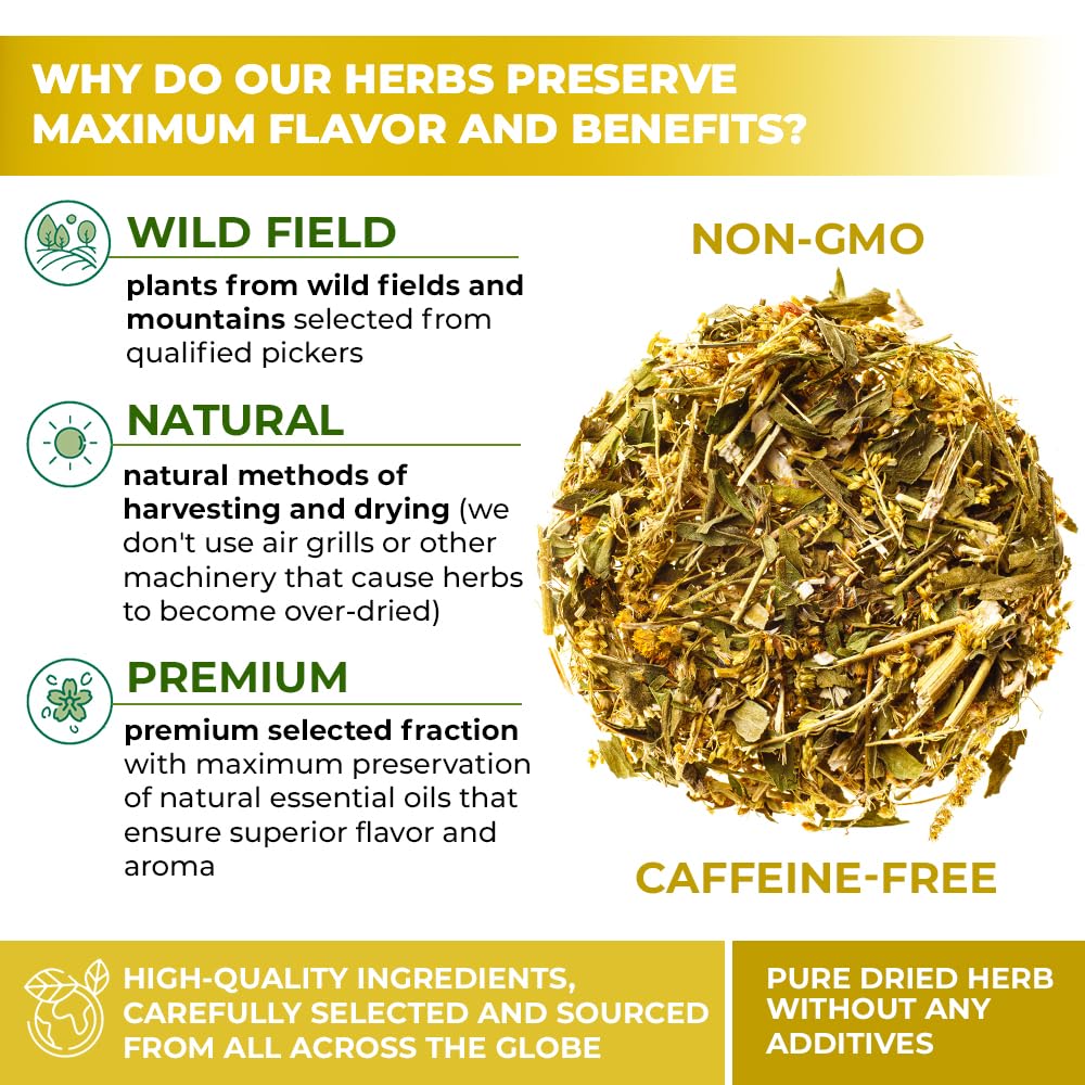 Wildfield Herbs Goldenrod Tea in cup with steam, ready to drink.