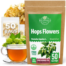 Wildfield Herbs Hop Tea bags pack ready for brewing, convenient 50-count box.