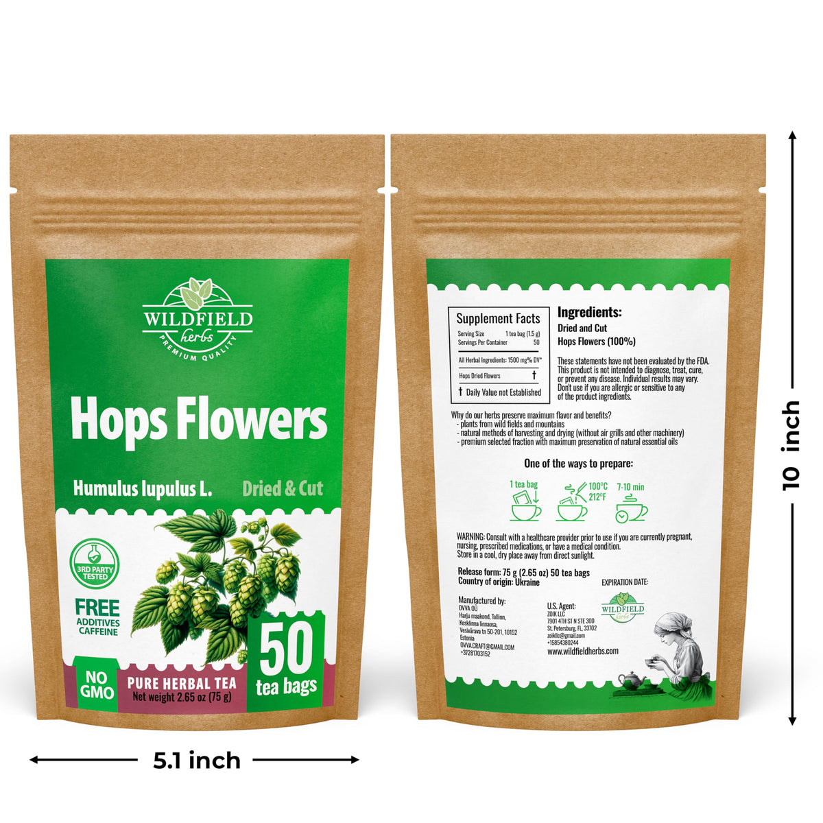 Wildfield Herbs Hop Tea box packaging designed for fresh, easy brewing.