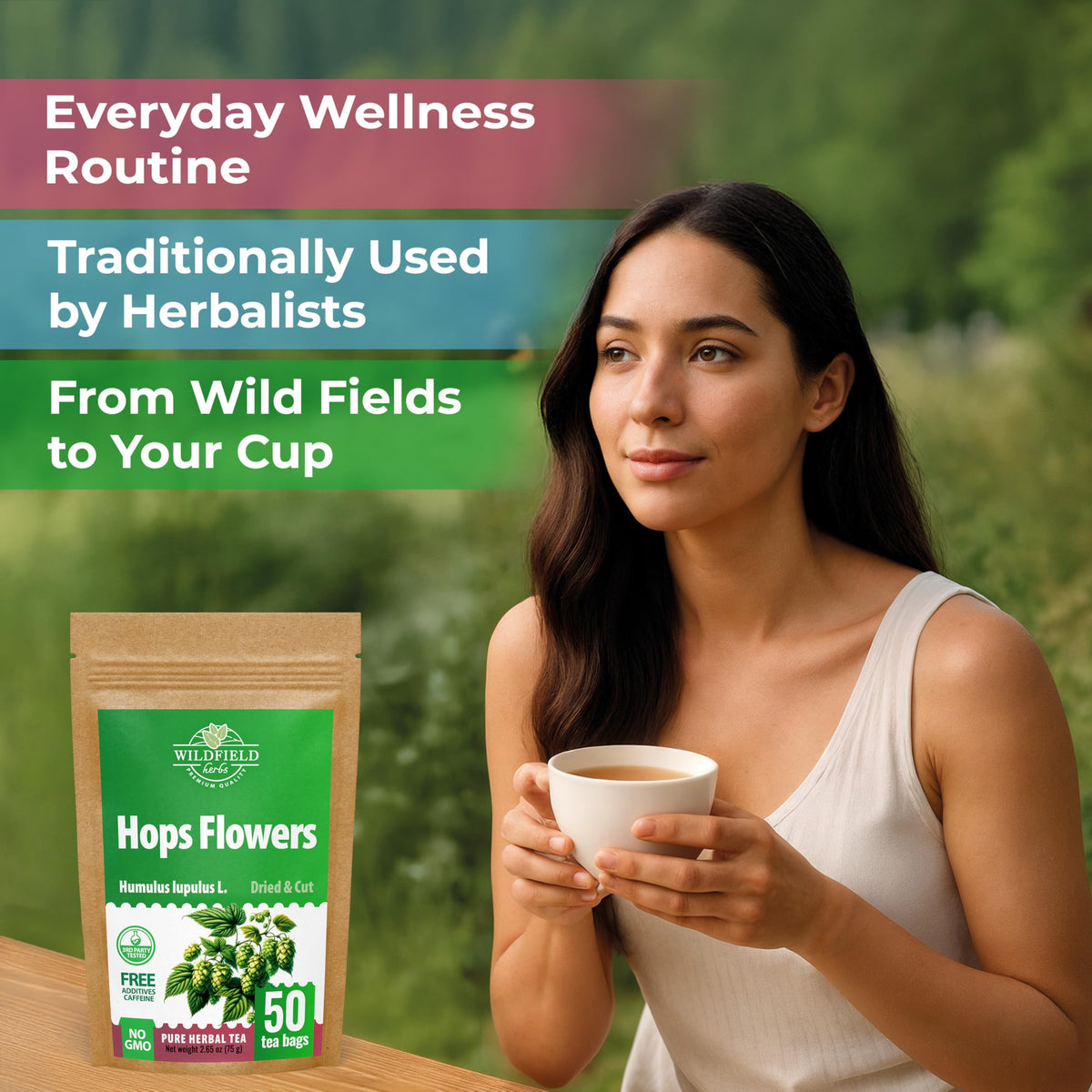 Wildfield Herbs Hop Tea steeping in hot water releases aroma.