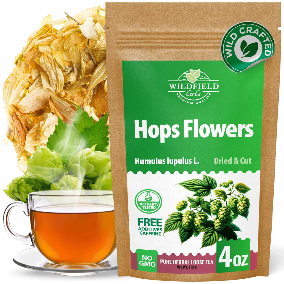 Wildfield Herbs Hops Tea leaf closeup with rich aroma for a calming moment.