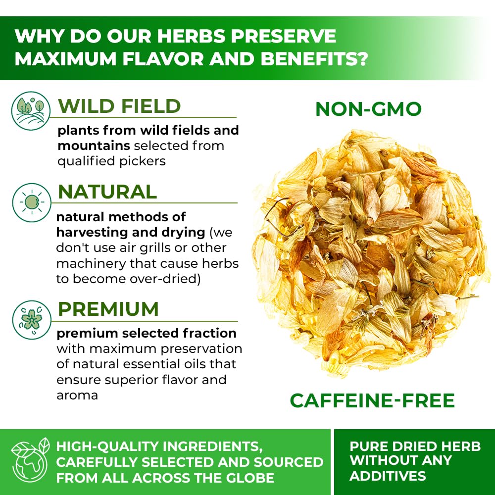 Wildfield Herbs Hops Tea packaging box with hermetic seal preserves freshness.