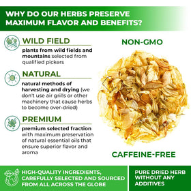 Wildfield Herbs Hops Tea packaging box with hermetic seal preserves freshness.