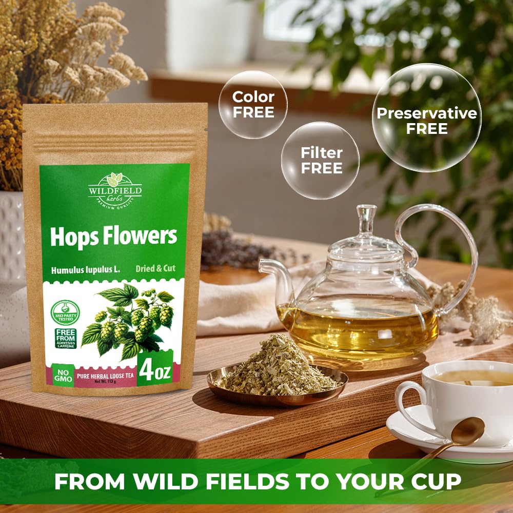 Wildfield Herbs Hops Tea steeping in hot water blending balanced flavors.