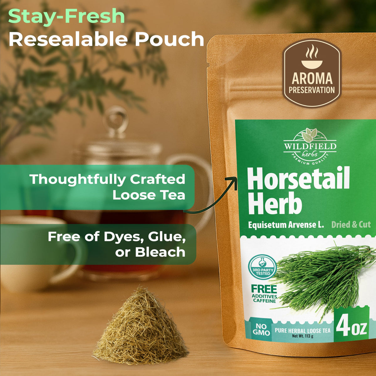 Wildfield Herbs Horsetail Tea cup steaming reveals inviting aroma