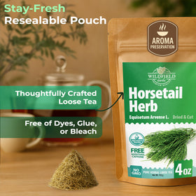 Wildfield Herbs Horsetail Tea cup steaming reveals inviting aroma