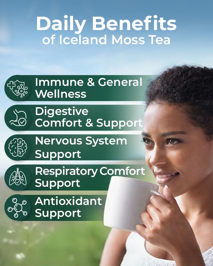 Wildfield Herbs Icelandic Moss tea in cup during relaxation.
