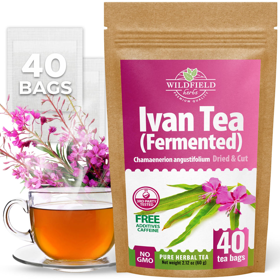 Wildfield Herbs Ivan Tea box front, premium brewing experience.