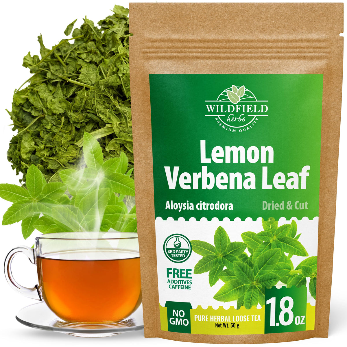 Wildfield Herbs Lemon Verbena Tea box—fragrant loose leaves ready to brew a calming cup.