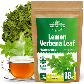 Wildfield Herbs Lemon Verbena Tea box—fragrant loose leaves ready to brew a calming cup.
