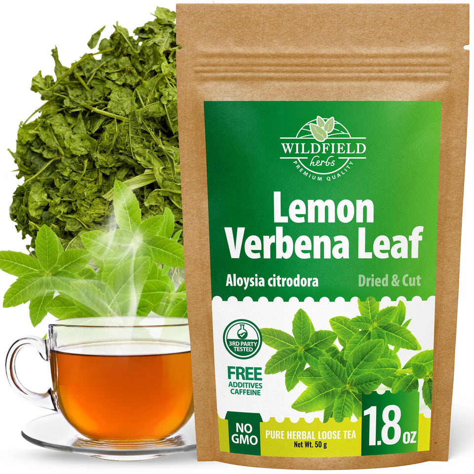 Wildfield Herbs Lemon Verbena Tea box—fragrant loose leaves ready to brew a calming cup.