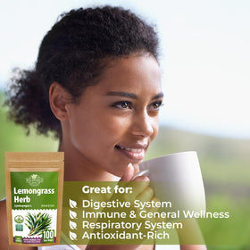 Closeup of Wildfield Herbs lemongrass tea bag highlighting bright, citrusy aroma.