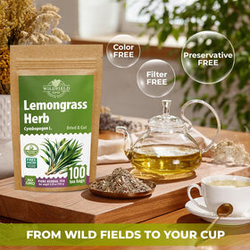 Wildfield Herbs lemongrass tea bag in cup ready to steep.