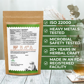 Wildfield Herbs lemongrass tea box packaging shows hermetic seal preserving freshness.