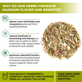 Wildfield Herbs dried lemongrass leaves displayed for high quality brewing.