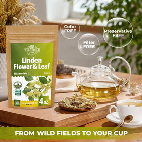 Wildfield Herbs Linden Tea brew cup — inviting floral aroma in cup.