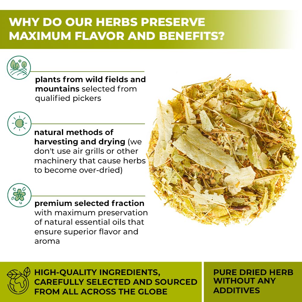 Wildfield Herbs Linden Tea loose leaf close — shows whole leaf quality and aroma.