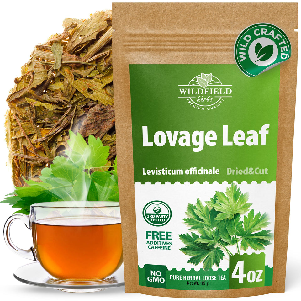 Wildfield Herbs Lovage tea box packaging showcases freshness and aroma.