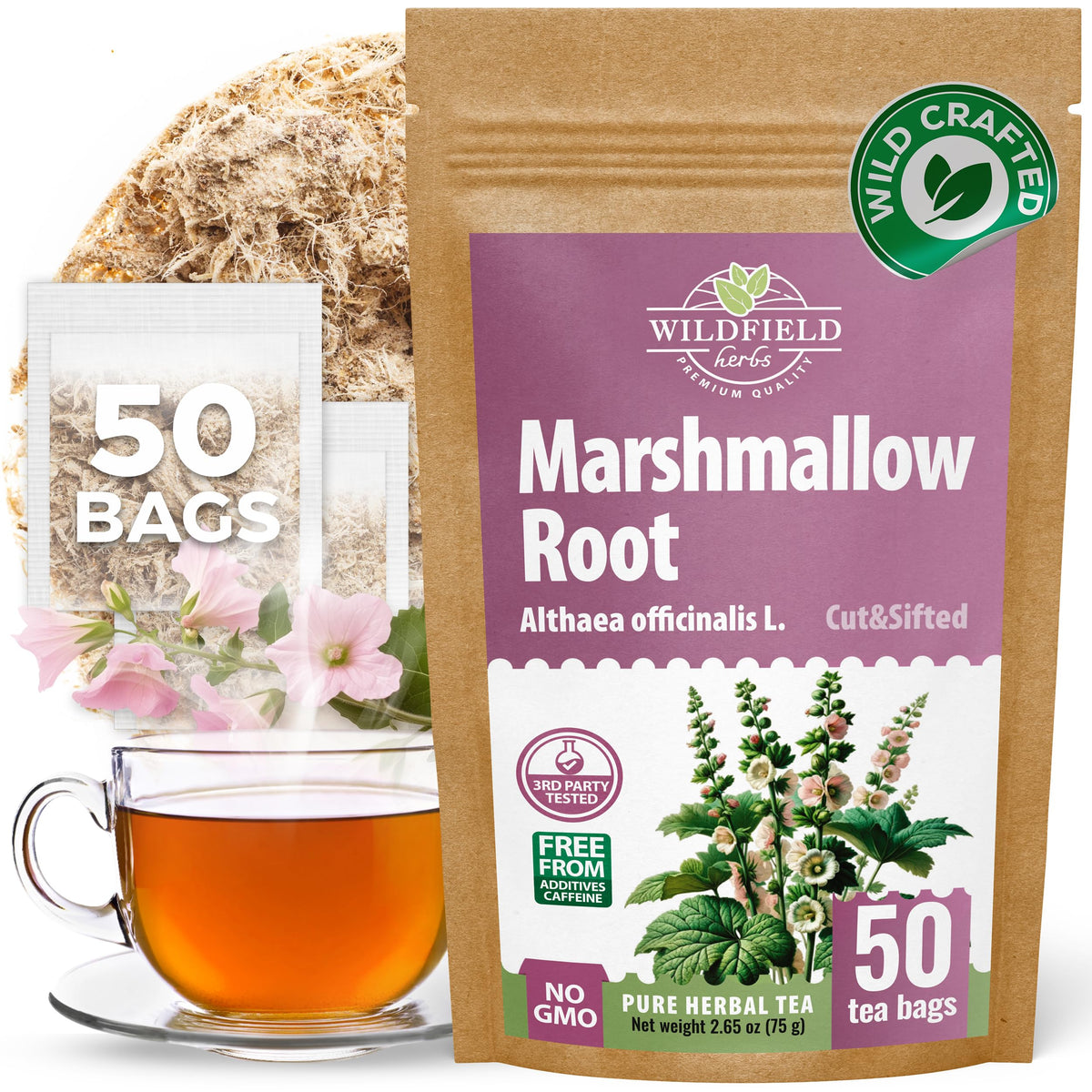 Wildfield Herbs marshmallow root tea bags for quick, convenient daily steep.