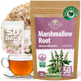 Wildfield Herbs marshmallow root tea bags for quick, convenient daily steep.