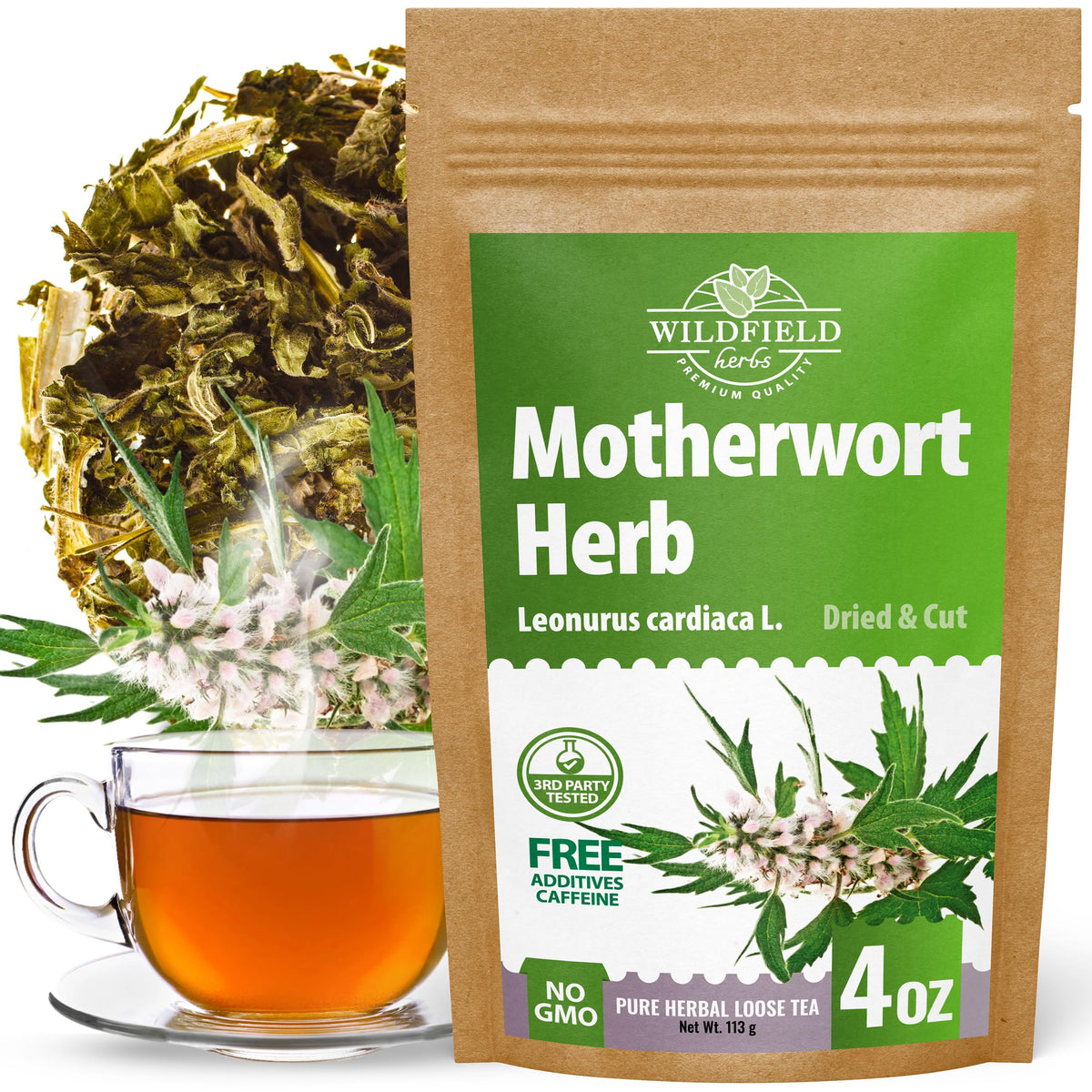 Wildfield Herbs Motherwort Tea packaging shows premium aroma for daily routines.