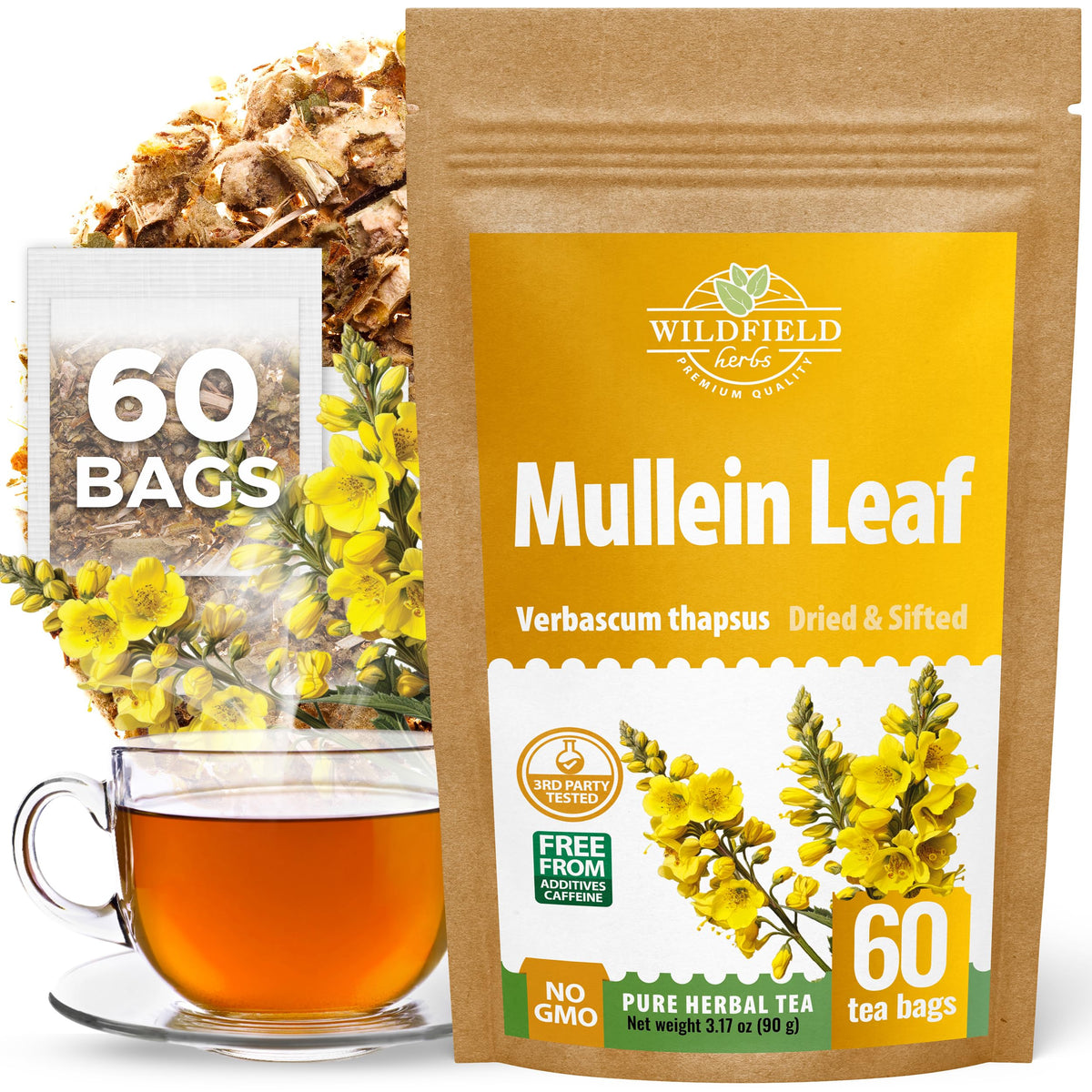 Wildfield Herbs Mullein Leaf Tea bags in packaging for lasting freshness