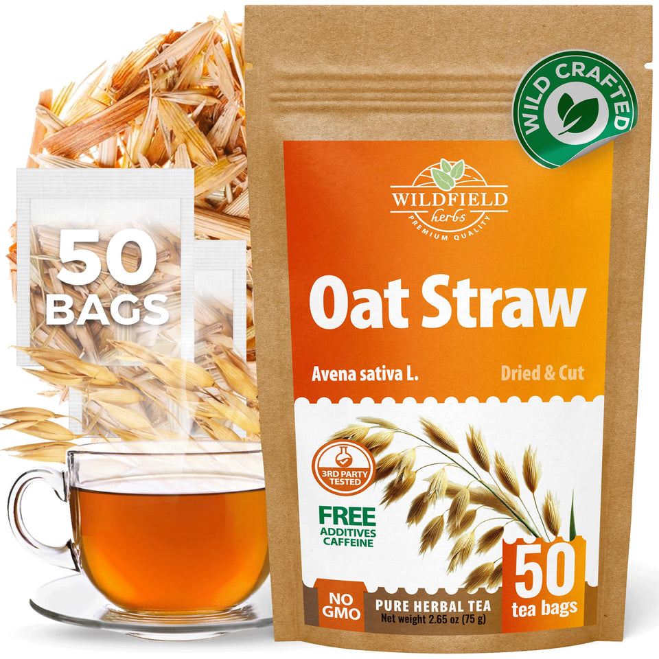 Wildfield Herbs oatstraw tea box highlights freshness and aroma.