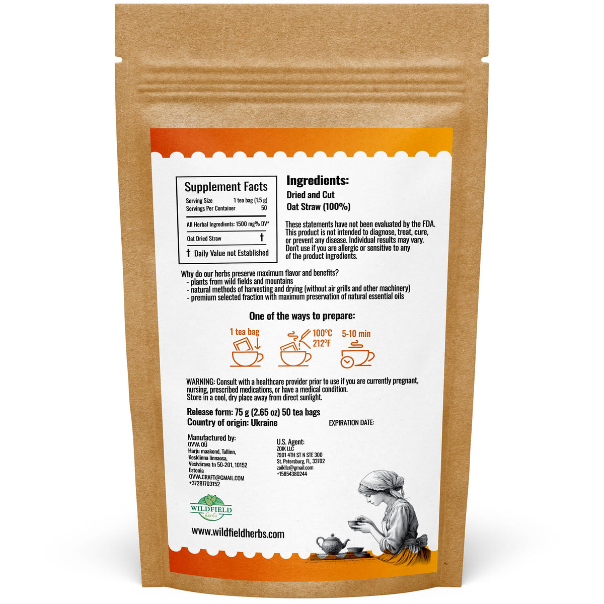 Wildfield Herbs oatstraw tea packaging seal preserves freshness.