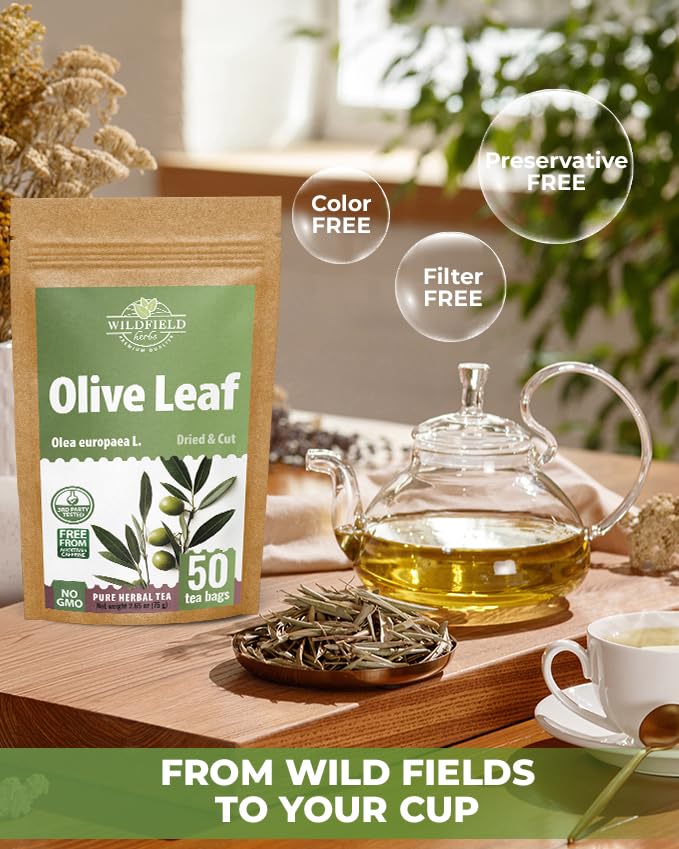 Wildfield Herbs Olive Leaf Tea bag inside packaging for easy steeping.