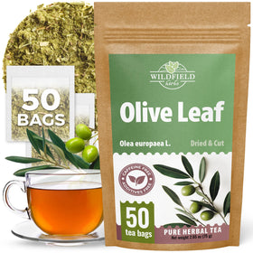 Wildfield Herbs Olive Leaf Tea box packaging supports easy daily brewing.