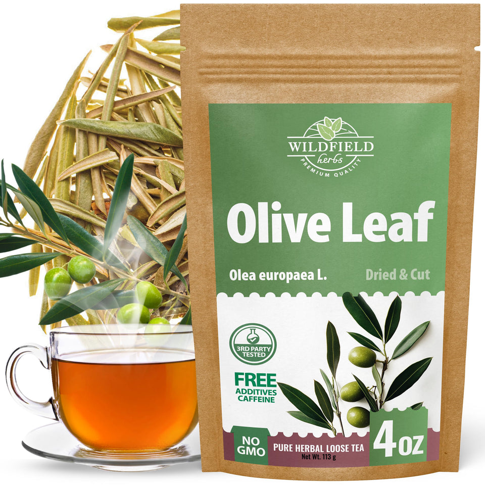 Wildfield Herbs Olive Leaf Tea box showing premium packaging and freshness.