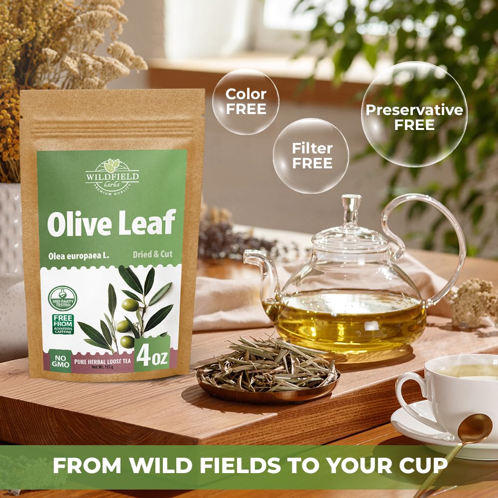 Wildfield Herbs origin Europe label on olive leaf tea.