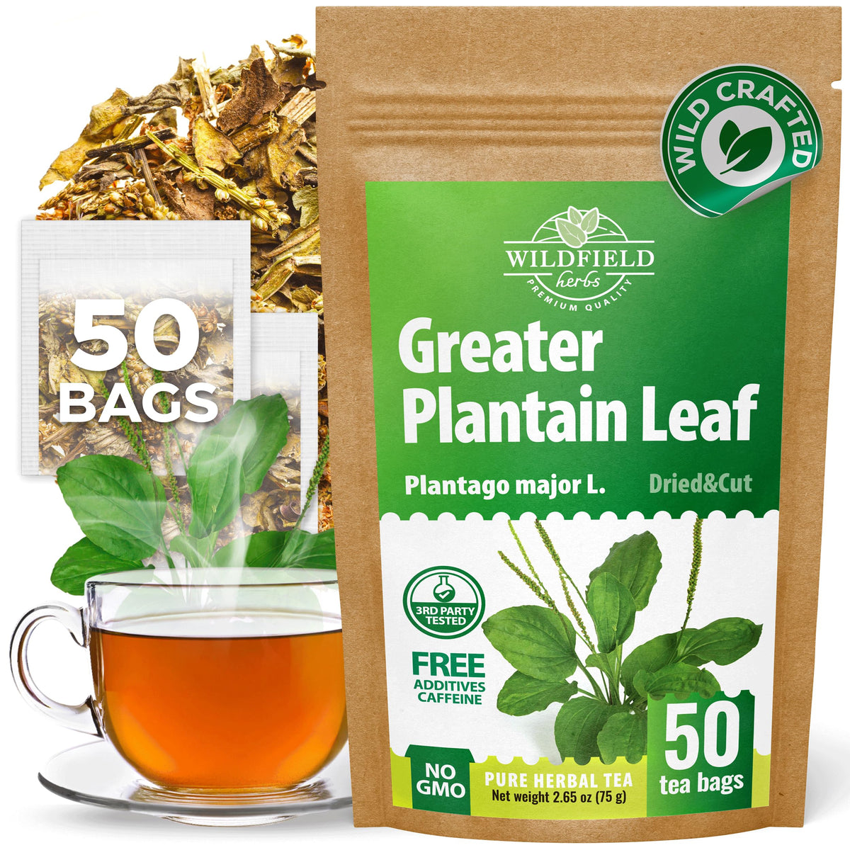 Wildfield Herbs Plantain Leaf Tea bags ready for a soothing daily ritual