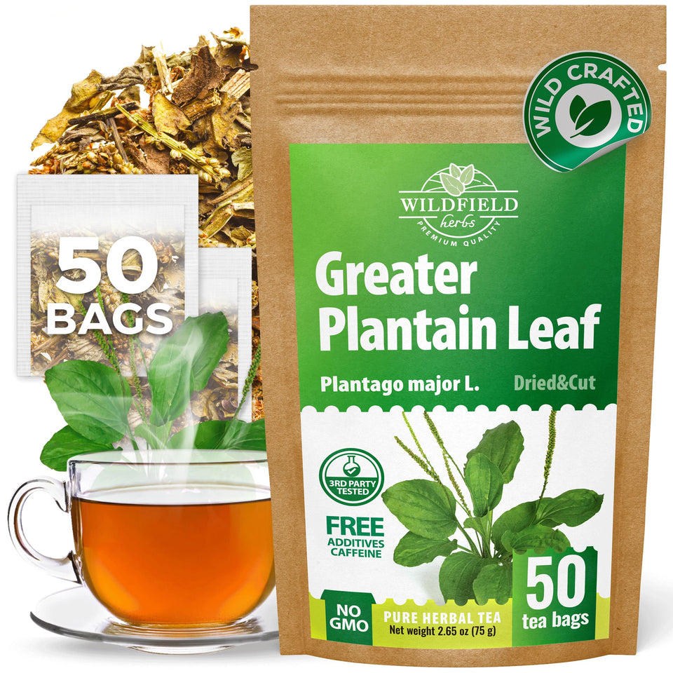 Wildfield Herbs Plantain Leaf Tea bags ready for a soothing daily ritual