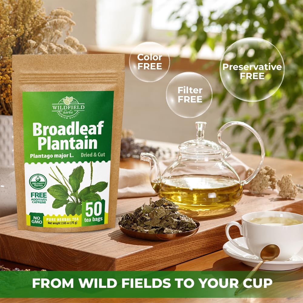 Wildfield Herbs Plantain Leaf Tea packaging closeup shows European origin quality
