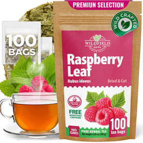 Wildfield Herbs Raspberry Leaf Tea box shows 100 sachets and premium packaging.