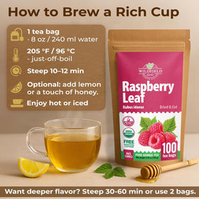 Wildfield Herbs Raspberry Leaf Tea steeping cup invites a cozy moment.
