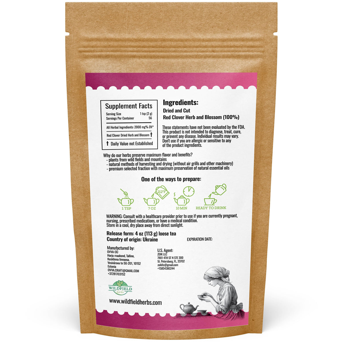 Wildfield Herbs Red Clover tea cup steep, inviting aroma for mindful tea moments.