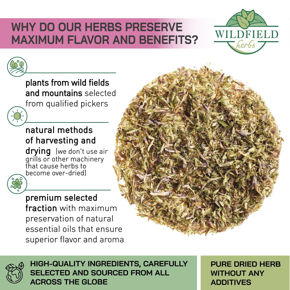 Wildfield Herbs Red Clover tea packet front, fresh packaging preserves aroma and flavor.