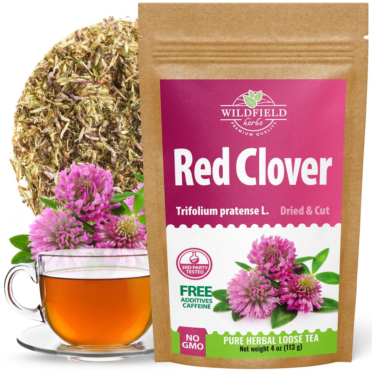 Wildfield Herbs Red Clover tea petals close-up, fragrant dried blossoms ready for steeping.