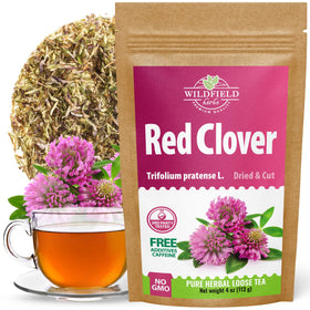 Wildfield Herbs Red Clover tea petals close-up, fragrant dried blossoms ready for steeping.