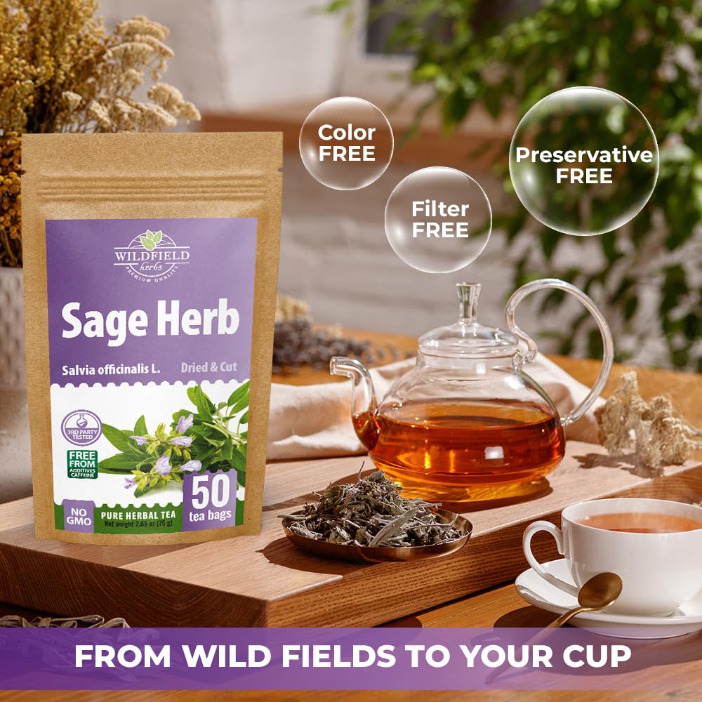 WILDFIELD HERBS Sage Tea leaf-detail emphasizes high‑quality Salvia officinalis