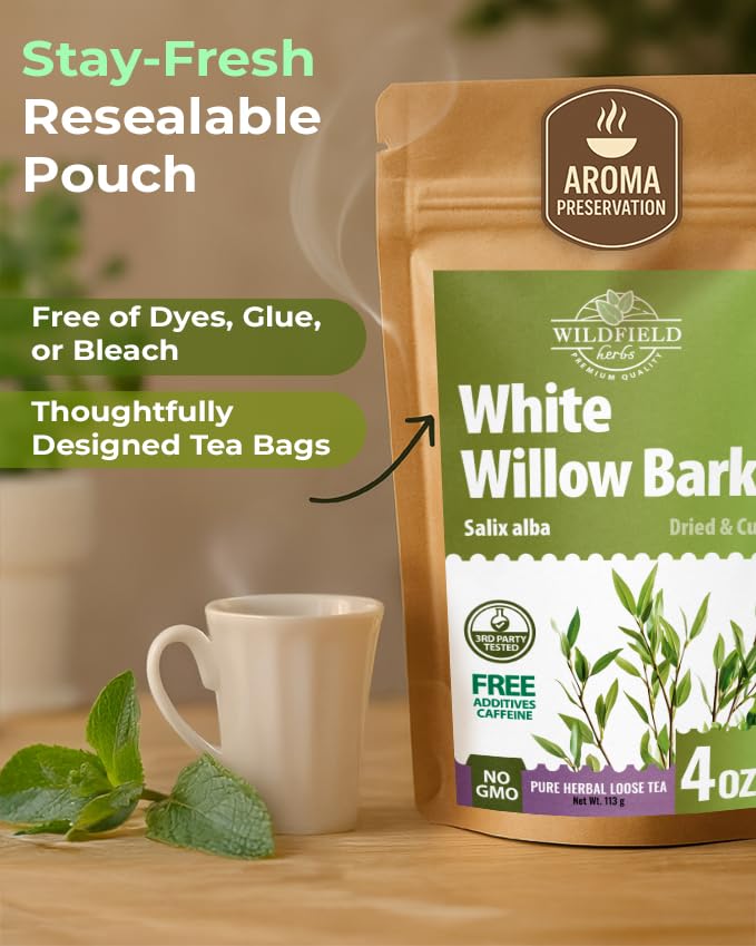 WILDFIELD HERBS Salix alba ingredient closeup emphasizes pure quality bark