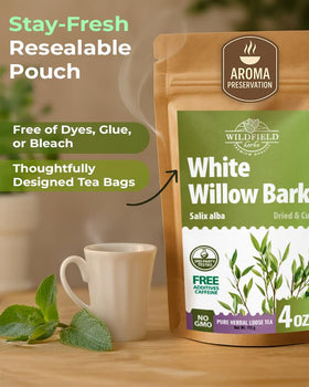 WILDFIELD HERBS Salix alba ingredient closeup emphasizes pure quality bark